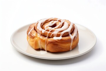 Fototapeta premium Cinnamon bun on a plate on white background.