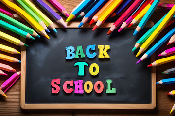 Vibrant illustration of a Back to School chalkboard sign surrounded by colorful pencils, celebrating the beginning of a new school year design.