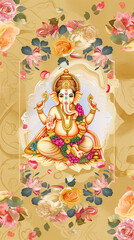 Statue du dieu hindou indien Ganesh, avec des fleurs autour de lui pour Ganesh Chathurthi sur fond crème et clair. Trompe du Dieu éléphant sur la gauche avec les massues dans les mains 