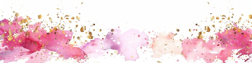 Obraz premium Pink and gold watercolor splatters on a white backdrop, banner, copy space
