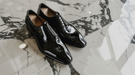 pair of patent leather dress shoes in sleek black, resting on a polished marble floor in a luxury footwear boutique, exuding timeless style and sophistication for formal events and black-tie affairs. - Powered by Adobe