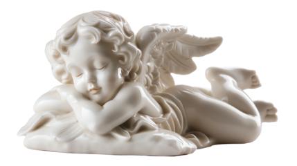  White marble statue of a sleeping cherub isolated on transparent background