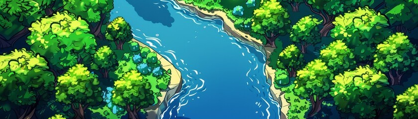 Aerial view of a serene blue river flowing through a lush green forest on a sunny day