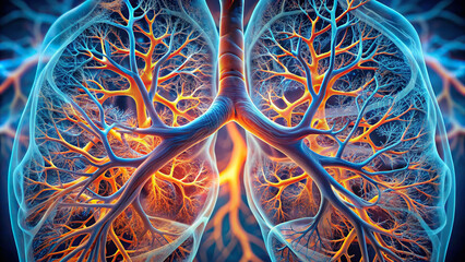 Macro image of a pair of lungs, showcasing the intricate network of bronchioles and alveoli, illustrating the respiratory system's efficiency.