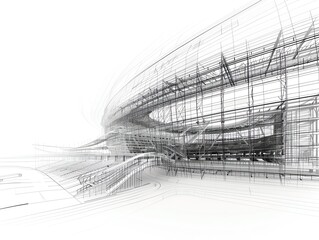 Sketch of a modern building with a curved roof and glass walls.