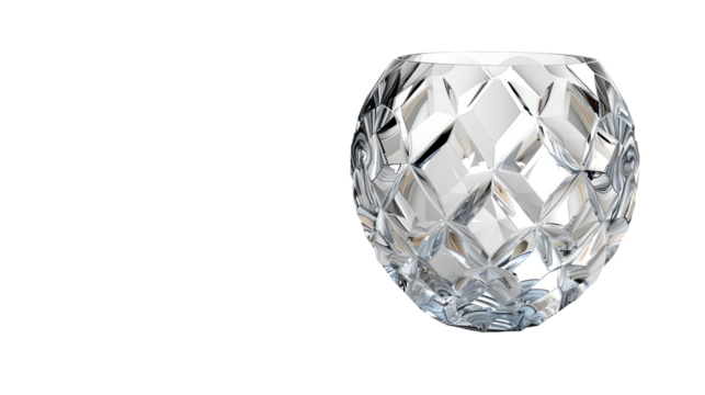 Round crystal vase with diamond-shaped facets isolated on transparent background