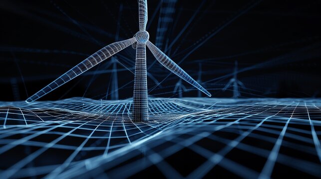 A 3D rendering of a wind turbine. The turbine is made of blue lines and is set against a black background. The turbine is surrounded by a grid of blue lines.