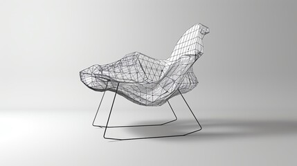 3D rendering of a modern wireframe chair. The chair is made of a single piece of metal and has a unique, geometric design.