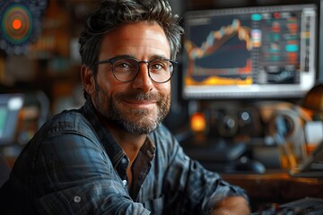 Obraz premium Financial advisor smiling at his desk with a digital display of stock charts behind him
