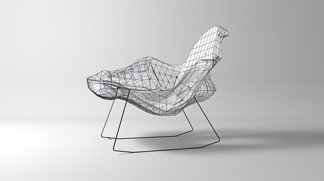 3D rendering of a modern wireframe chair. The chair is made of a single piece of metal and has a unique, geometric design.
