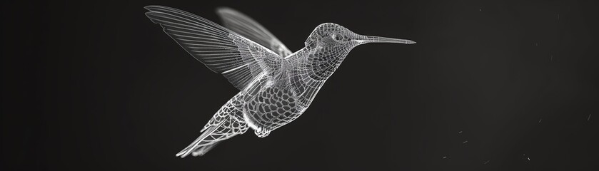 A digital sketch of a hummingbird in flight. The bird is facing the left of the viewer. The image is black and white.