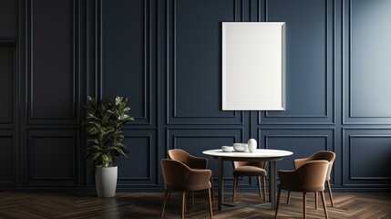 Elegant Dining Room Interior Design with Modern Furniture and Blue Panels