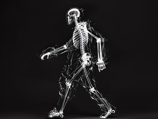 An artistic rendering of a skeleton walking. The skeleton is made of white lines on a black background. The skeleton is in motion, as if it is walking.