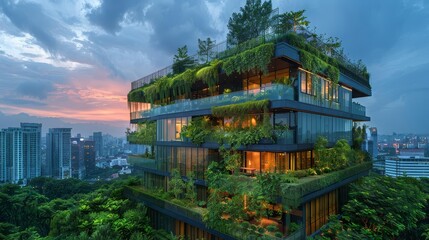 Modern office tower with green rooftop garden