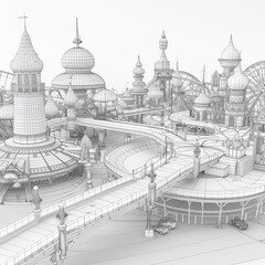 Create a detailed sketch of a futuristic city. The city should be full of tall buildings, flying cars, and other advanced technology.