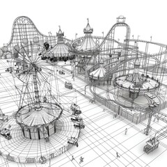 Create a detailed sketch of an amusement park with roller coasters, Ferris wheels, and other rides.