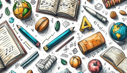 Seamless pattern of handdrawn educational icons including books