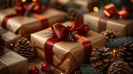 Stack of luxurious Christmas gift boxes wrapped in shiny gold paper