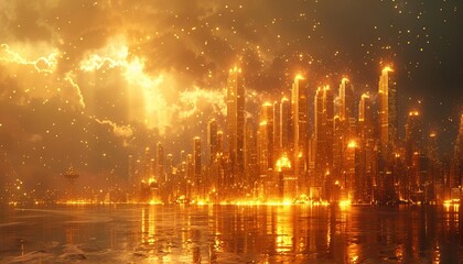 Surreal composition of gold bullion and coins floating over a luminous golden cityscape, epitomizing economic success, Surreal Economy, Bright gold, Photo collage