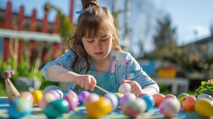 A young woman with Down syndrome enjoys a creative activity by painting Easter eggs for Easter in her backyard.