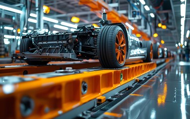 Fototapeta premium Hightech EV chassis with stateoftheart batteries close up, automotive trends, dynamic, futuristic, Multilayer, assembly line