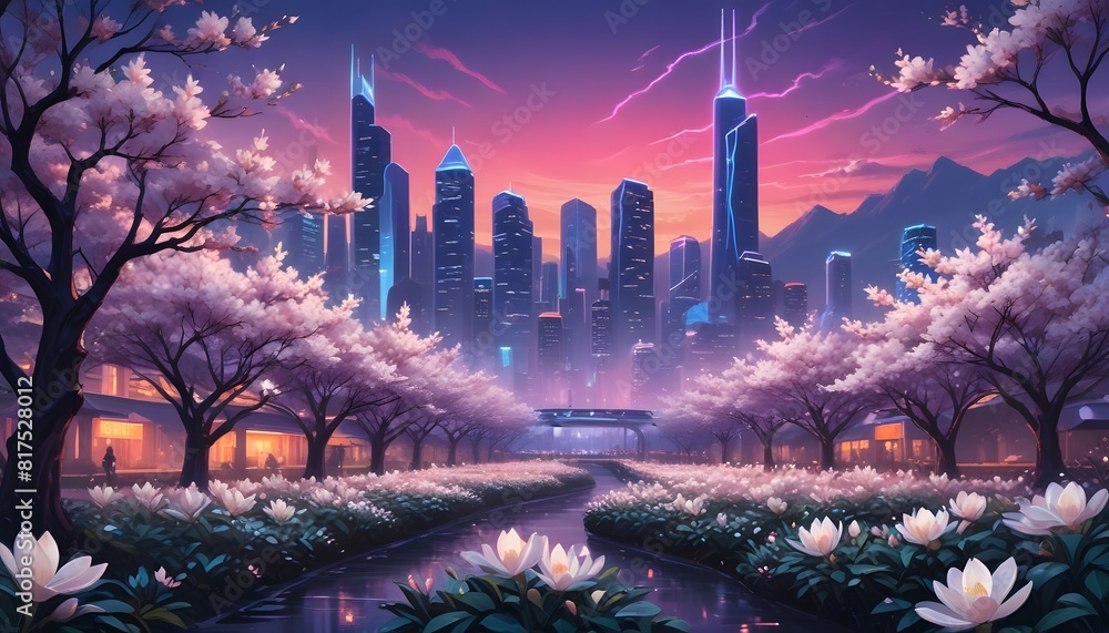 Wall mural fantasy japanese night view city cityscape, neon light, residential skyscraper buildings, pink cherr