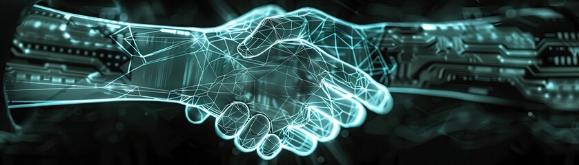 A futuristic handshake symbolizing belief in digital security, high-tech background, front view, representing trust in cybersecurity, cybernetic tone, monochromatic color scheme