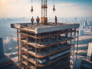workers on the construction site wearing helmets and architecture sci-fi construction working platform on top of the building, suspended cables, fall protection Labor Day, and the importance of work.