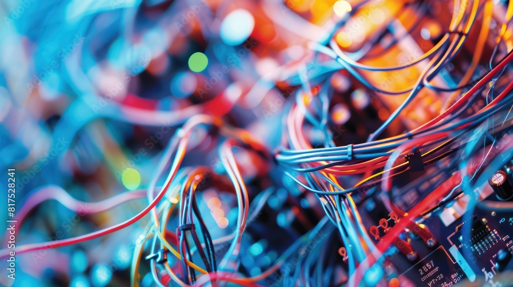 Poster a tangled mess of wires with a blue background