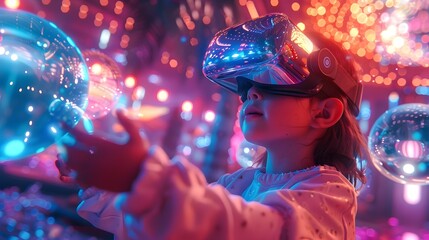 Whimsical Digital Artwork of Futuristic Kids Playing with Holographic Toys in a Virtual Reality Playground with Neon Lights and Floating Metallic Orbs