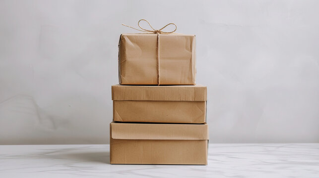 Brown Paper Wrapped Packages Stacked Against A Light Background