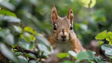 Obraz premium Close-Up Of A Curious Squirrel Peeking Through Green Leaves In Natural Habitat