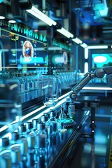 Digital medication administration center with robotic arms delivering antibiotics, holographic drug monitoring displays, and a sophisticated, high-tech medical environment