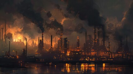A painting of a city with smoke and fire in the background