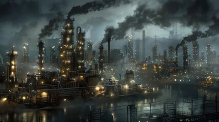 Fototapeta premium A city with a lot of smoke and factories