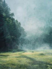 Ethereal mist meadow side view, foggy serene landscape, digital tone, colored pastel