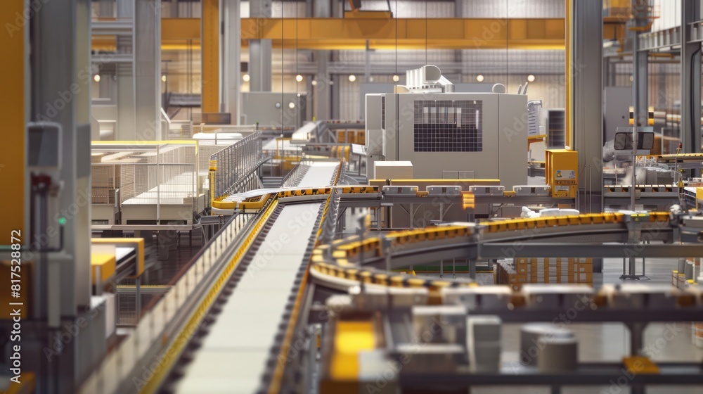 Poster a factory with a conveyor belt and a machine in the middle