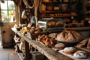 A  bakery with fresh, delicious goods in the countryside, a Blurred bakery shop in a wholesale store with fresh baked bread on wooden shelf, AI generated