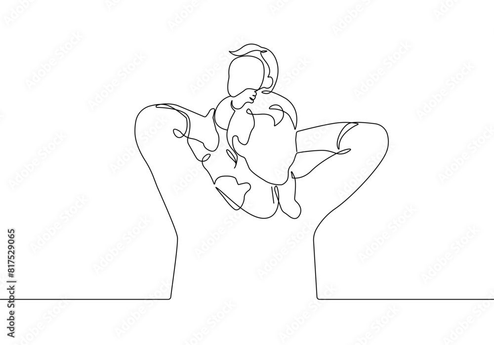 Poster father with a child continuous one line drawing. father`s day card in abstract minimal linear style.