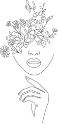 Woman Head with Flowers Line Vector Drawing. Style Template with Female Face with Flowers. Modern Minimalist Simple Linear Style. Beauty Fashion Design	