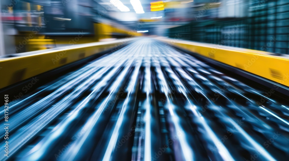 Poster a blurry image of a train track with a yellow line