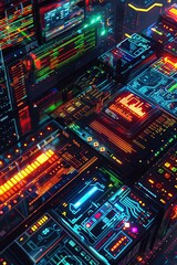 Prismatic digital interface top view, colorful overlapping displays, advanced tone, Complementary Color Scheme