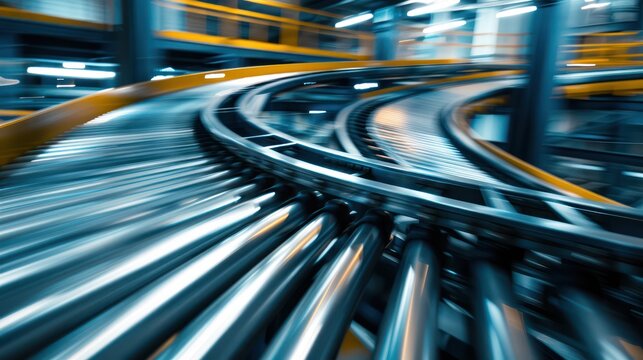 A blurry image of a conveyor belt with many metal pipes