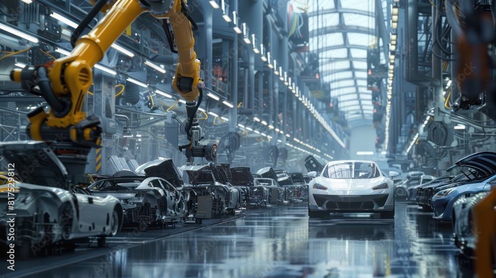 Poster a futuristic car factory with a car on the assembly line