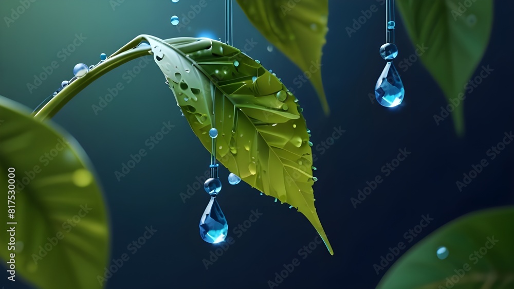 Poster abstract illustration of blue water droplets falling from a leaf of a green plant. low poly design w