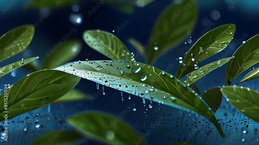 Poster abstract illustration of blue water droplets falling from a leaf of a green plant. low poly design w