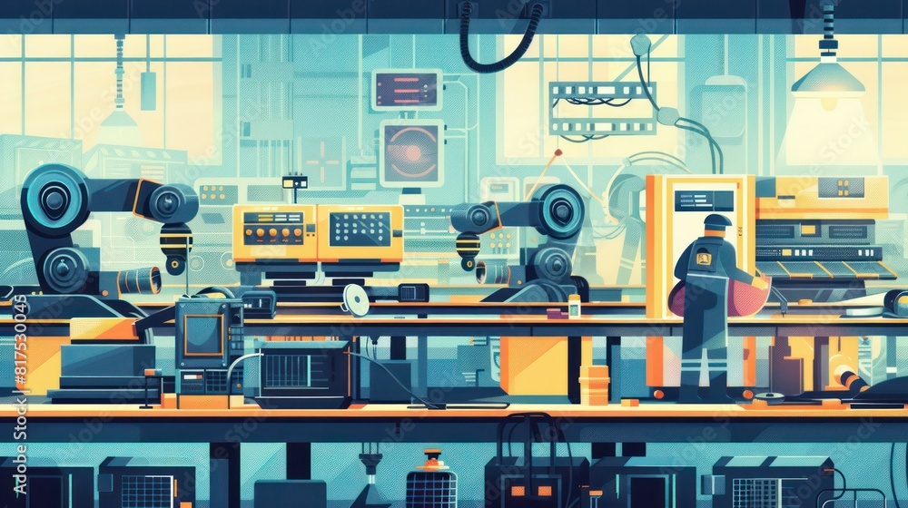 Aufkleber A man is working in a factory with robots and machines