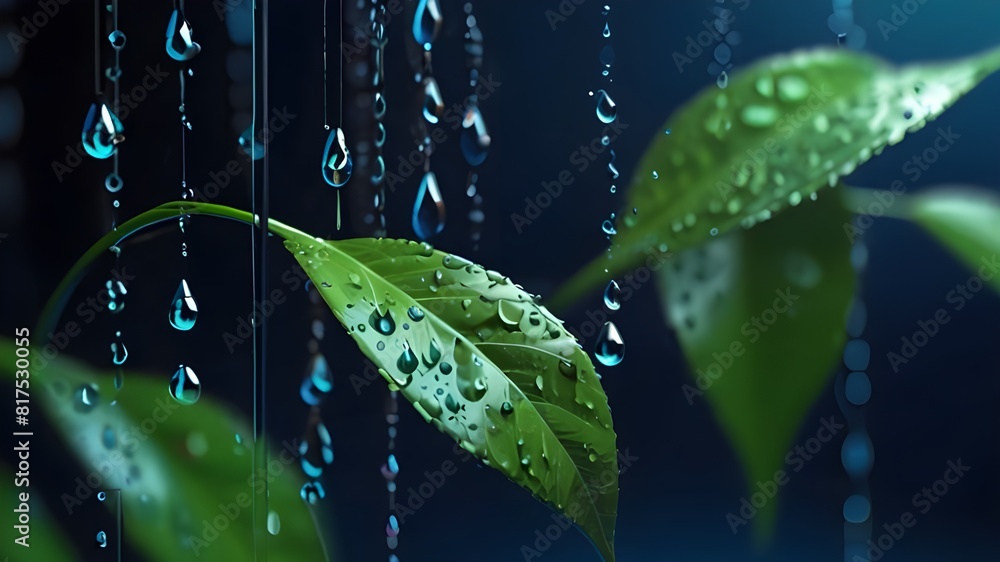 Poster abstract illustration of blue water droplets falling from a leaf of a green plant. low poly design w