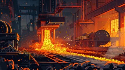 A fiery scene of a factory with a train in the background