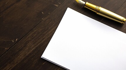 A blank white brochure on a dark oak wood table, with a vintage golden fountain pen lying next to...